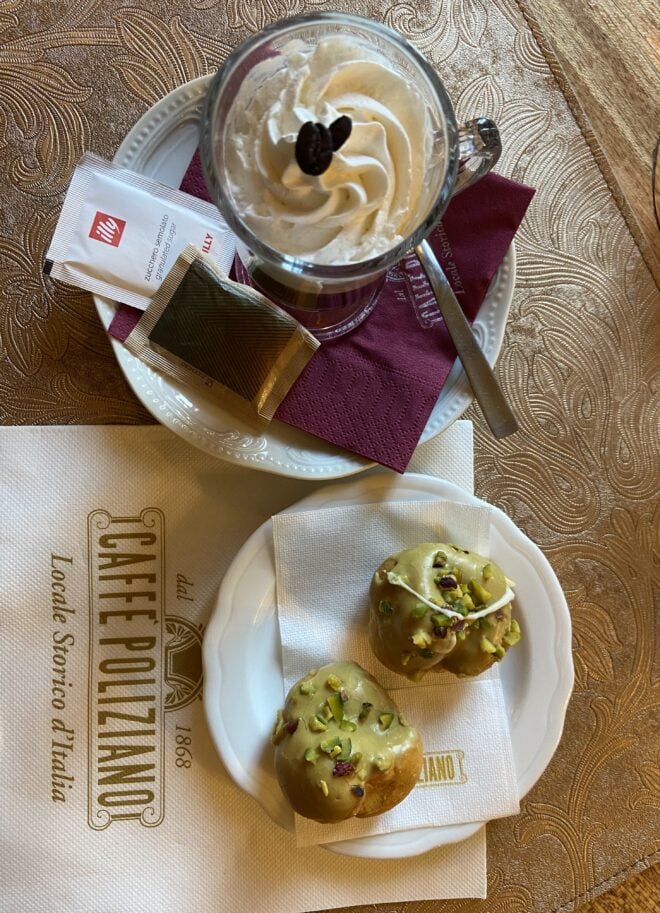 Caffe Poliziano Montepulciano Tuscany Pistachio Beignets and Irish Coffee